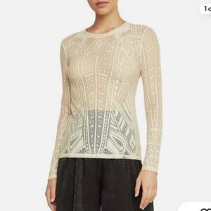 BCBGMaxAzria Cream and Gray Geometric Lace Blouse XXS